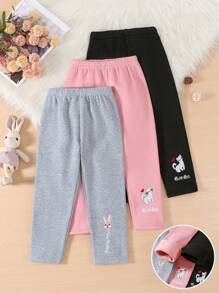 SHEIN Bộ 3 quần legging thêu cho bé gái, màu hồng/đen/xám, họa tiết thỏ, mèo, chó dễ thương, lót nhiệt mềm mại, trang phục thường ngày, xuân/thu/đông - Nhiều màu - Xem 8