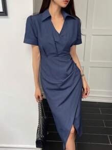 DAZY Vestido de mujer de cuello solido con escote en V y pliegues, vestido camisero casual diario - Azul Marino - Ver 8
