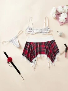 3pcs Women's Plaid & Lace Trim Lingerie Set: Waist Skirt, Brassiere, Thong Panty Bridallingerie - Red - View 2