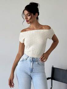 SHEIN Privé Suéter elegante y sencillo de punto para mujer con hombros descubiertos, parte superior suelta y Bottom ajustada - Albaricoque - Ver 2