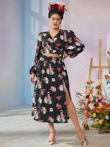 Frida Kahlo X SHEIN Plus Size Elegant Sexy Basic Black Floral & Figure Graphic Artistic Polka Dot Print Blouse & Split Midi Skirt 2-Piece Set, Autumn/Winter