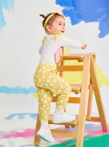 TOM & JERRY X SHEIN 女婴卡通印花荷叶边连体衣和黄色圆点裤，配可爱蝴蝶结头带 - 黃色 - 查看 9