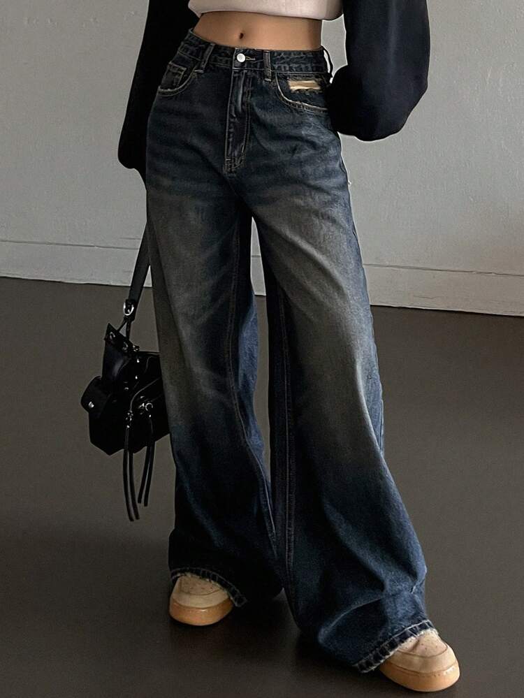 Women's Simple Button-Front Multi-Pocket Casual Baggy Jeans