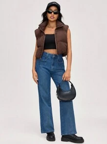 SHEIN BASICS Áo vest dáng rộng cổ đứng dệt trơn màu giản dị cho nữ - Cà phê nâu - Xem 3