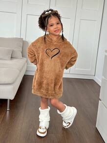 SHEIN Sweatshirt Rajut Polos Berbulu dengan Bordir Grafis untuk Anak Perempuan, Cocok untuk Musim Gugur/Dingin - Khaki - View 1