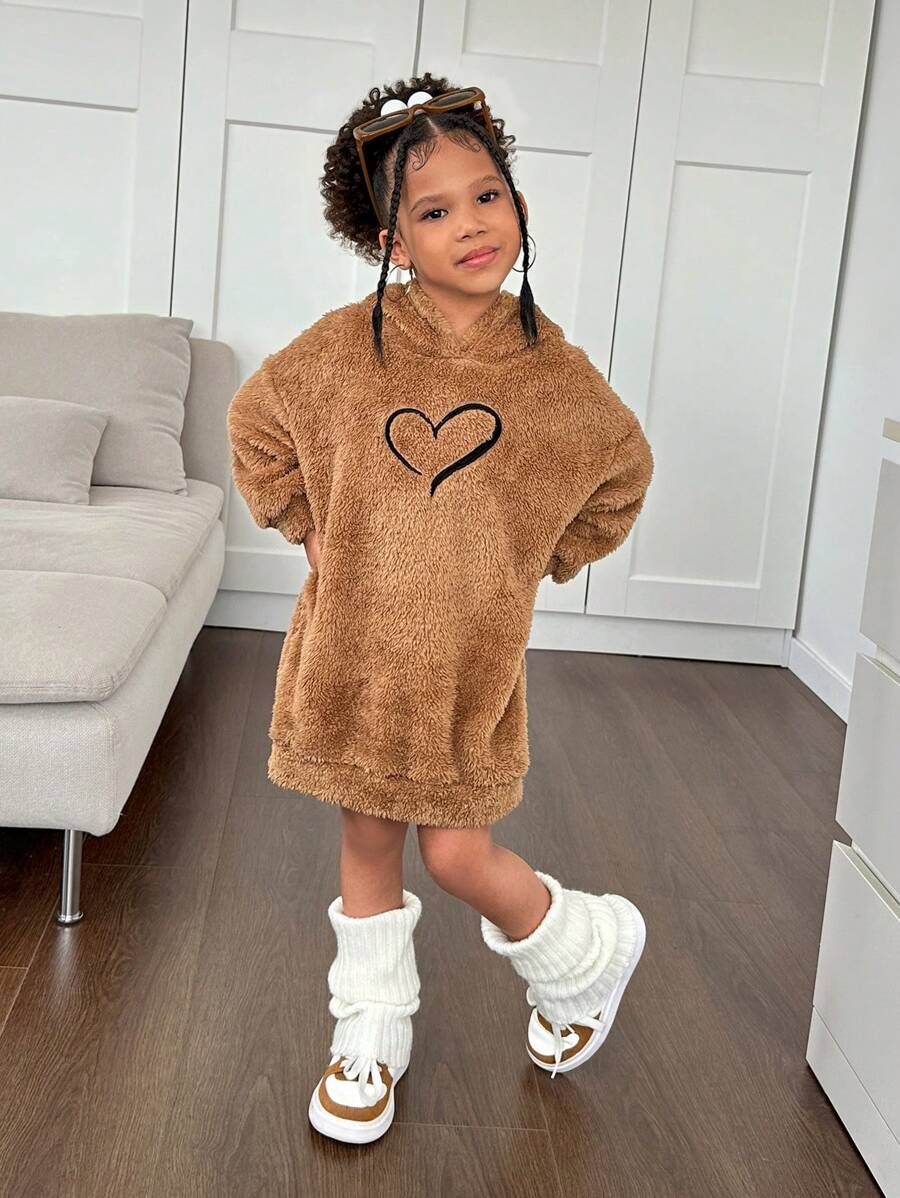 SHEIN Sweatshirt Rajut Polos Berbulu dengan Bordir Grafis untuk Anak Perempuan, Cocok untuk Musim Gugur/Dingin - Khaki - View 1