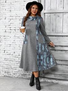 EMERY ROSE Plus Size Lange Herfstjurk Dames Effen Kleur Bedrukt Eenvoudige Dagelijkse Lange Mouw Jurk, Herfst Dameskleding