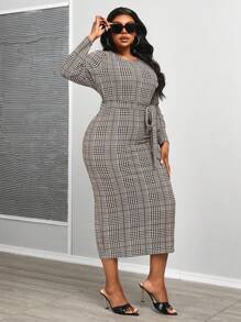 Maweii 大码女式千鸟格纹系腰带连衣裙 女式超长套装 - 咖啡棕 - 查看 4