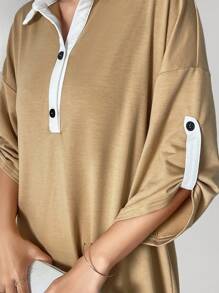 Al Najma Women's Contrast Color Polo Collar Cuffed Sleeve Casual Straight Modest Dress, Casual Sporty For Casual Daily/Work/Back To School, Maxi Length Arabian Dresses - Multicolor - View 2