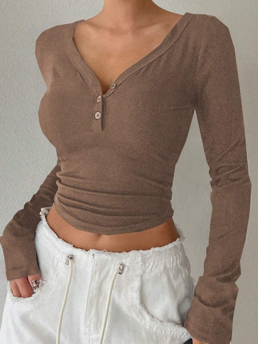 DAZY V-Neck Half Placket Button Curved Hem Fitted Long Sleeve Women T-Shirt