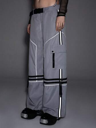 Grunge Punk Cyberpunk Style Loose Fit Adjustable Hem Cargo Pants With Reflective Stripes