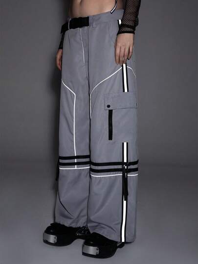 Grunge Punk Pantalon cargo ample au style cyberpunk avec ourlet réglable et bandes réfléchissantes