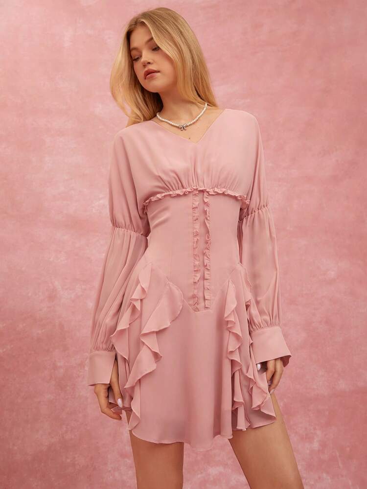 Women's Solid Color V-Neck Long Sleeve Ruffle Hem Mini Casual Dress