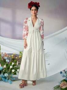 KATHARSIS Frida Kahlo X SHEIN X Designer 商务休闲撞色花卉印花荷叶边下摆长衬衫，适合节日、感恩节、春夏、节日、办公室 - 紅白色 - 查看 4