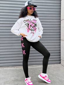 SHEIN SLAYR KIDS Teen Girls White Crew Neck Teddy Bear Graffiti Print Loose Sweatshirt And Casual Active Pants 2 Piece Set - Black and White - View 3