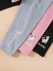 SHEIN Bộ 3 quần legging thêu cho bé gái, màu hồng/đen/xám, họa tiết thỏ, mèo, chó dễ thương, lót nhiệt mềm mại, trang phục thường ngày, xuân/thu/đông - Nhiều màu - Xem 5