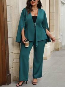 Celure Plus Size Open Front Split Sleeve Elegant Blazer + Casual Straight Leg Pants Suit