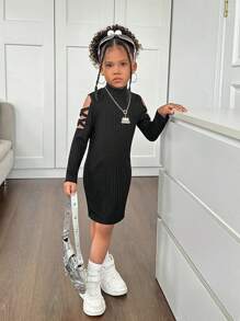 SHEIN Young Girl Knitted Stand Collar Casual Hollow-Out Shoulder Dress