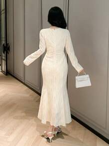 DAZY Váy dự tiệc midi vải họa tiết cổ chữ V dành cho nữ, váy dự tiệc sinh nhật, tiệc đêm giao thừa, váy mùa thu thanh lịch dành cho nữ - Màu be - Xem 5