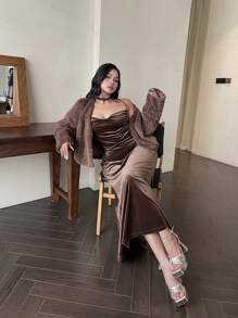 SHEIN Clasi 2pcs Plus Size Plain Long Sleeve Plush Coat & Sleeveless Ruched Dress Elegant Set - Brown - View 2