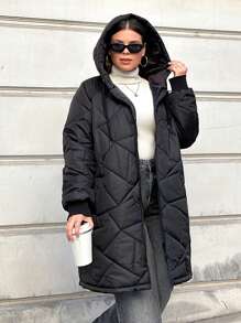 EURMUSE 大码绗缝女式夹克，带兜帽、口袋，适合冬季 - 黑色 - 查看 3