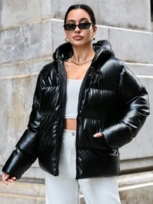 SHEIN Tall Tall Hooded Pu Leather Down Jacket With Zipper, Slanted Pockets And Drawstrings - Black - View 3