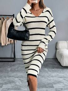 Chiquease Navy V-Neck Striped Drop Shoulder Long Sweater Dress For Women - Multicolor - View 4