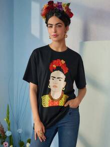 Frida Kahlo X SHEIN Áo thun nữ tay ngắn họa tiết mùa hè đơn giản - màu đen - Xem 4
