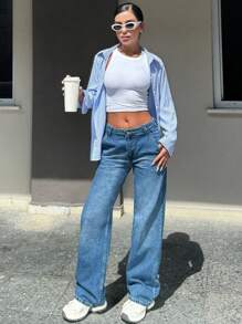 EURMUSE Women Petite Low Waist Wide Leg Jeans - Medium Wash - View 5