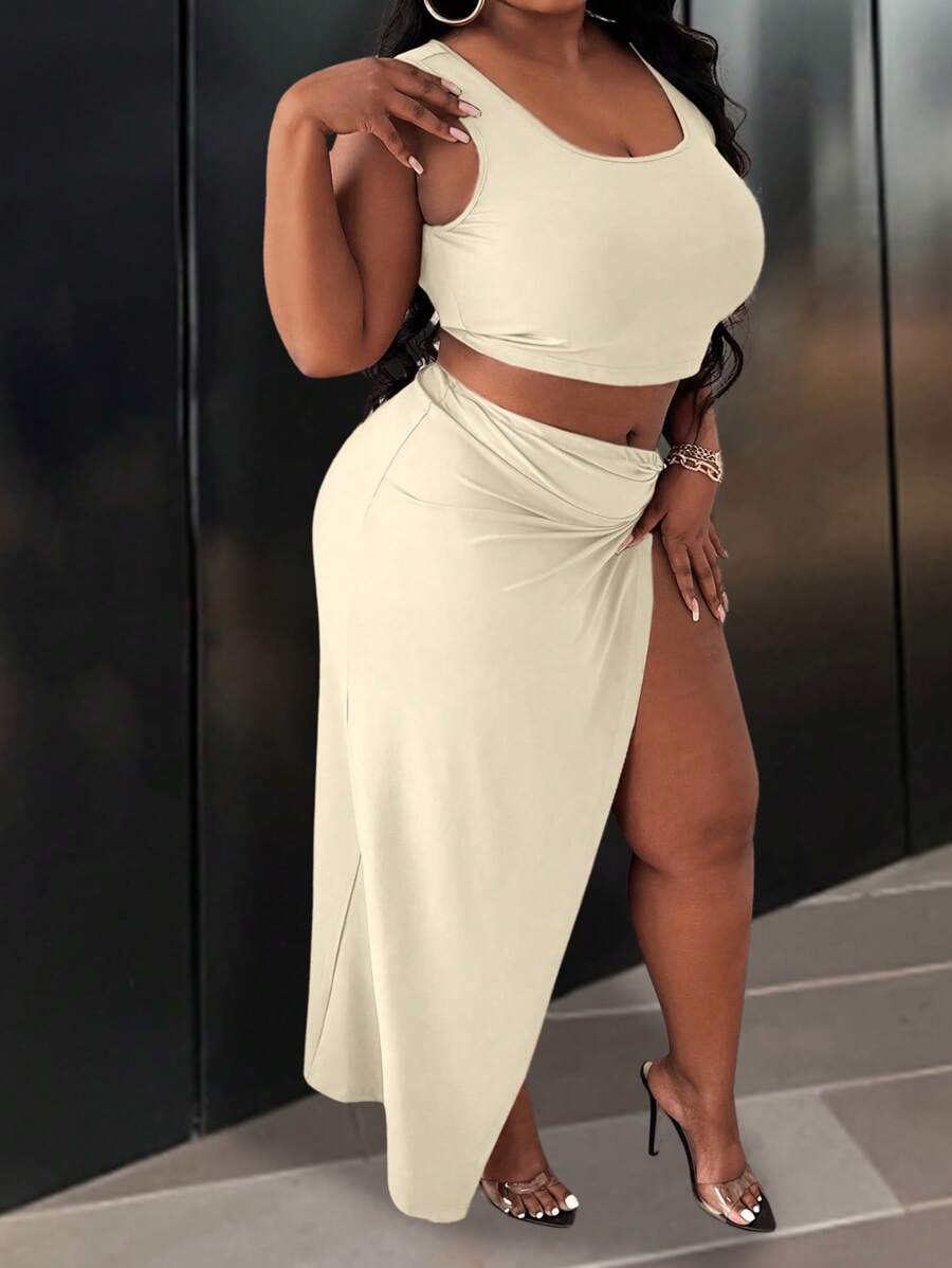 Slaydiva 2 件大码打结无袖上衣和开衩下摆裙子套装,夏季 - 杏色 - 查看 1
