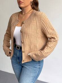 SHEIN Privé 大码女式纹理图案开衫，几何针织毛衣外套，温暖杏色，冬季 - 杏色 - 查看 4