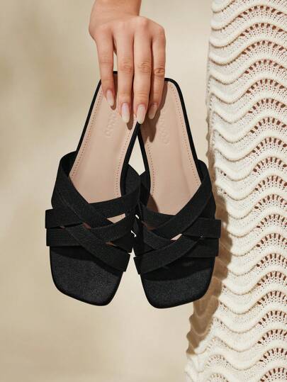 CUCCOO BASICS Woman Shoes Square Toe Black Flat Criss Cross Strap Slide Sandals For Spring And Summer Vacation Shoes Summer Back To School Shoes College Student Shoes Spring Shoes Spring Break Easter For Christmas