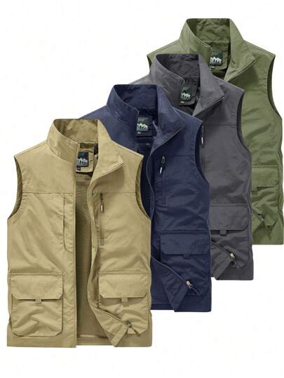 1 件男女通用纯色无袖多口袋休闲实用背心，轻便，多功能，适合日常穿着、摄影、户外活动、钓鱼、徒步旅行、运动