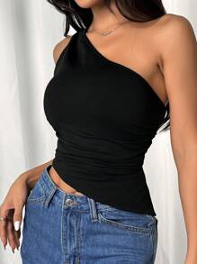 SHEIN EZwear Women's Solid Color Asymmetrical Shoulder Sleeveless Hollow-Out Casual Top With Back Tie