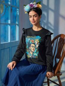 Frida Kahlo X SHEIN Women Figure Graphic Ruffle Trim Casual Black Sweatshirt, Fall/Winter Surrealism Self Portraits Unibrow - Black - View 3
