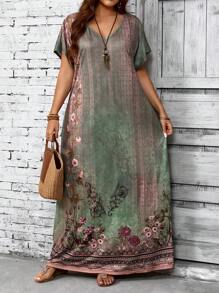 EMERY ROSE Plus Size Women Green Floral Print Dress, For Summer,Beach Dress Sundress,Holiday Outfits Boho - Green - View 5
