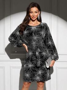 SHEIN Clasi Women's Elegant Foil Embellished Round Neck Belted Long Sleeve Dress Fall Wedding Guest Dress - Silver - View 3