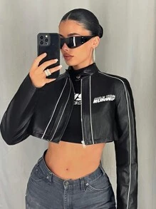 SHEIN ICON Áo khoác bomber đua xe thời trang Y2k Streetwear bằng da PU dài tay in chữ có khóa kéo cắt cúp thời trang xuân thu cho nữ - màu đen - Xem 7