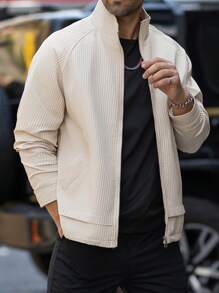 Manfinity Homme Men Textured Knit Cardigan Jacket, Stand Collar, Beige, Fall - White - View 6