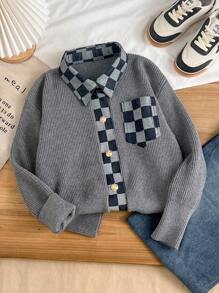 Tween Boy Checkered Long Sleeve Cardigan With Pockets, Autumn/Winter