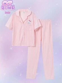 Tween Girl 粉色和白色条纹印花短袖开衫搭配长裤休闲两件套家居服套装 - 粉色 - 查看 1