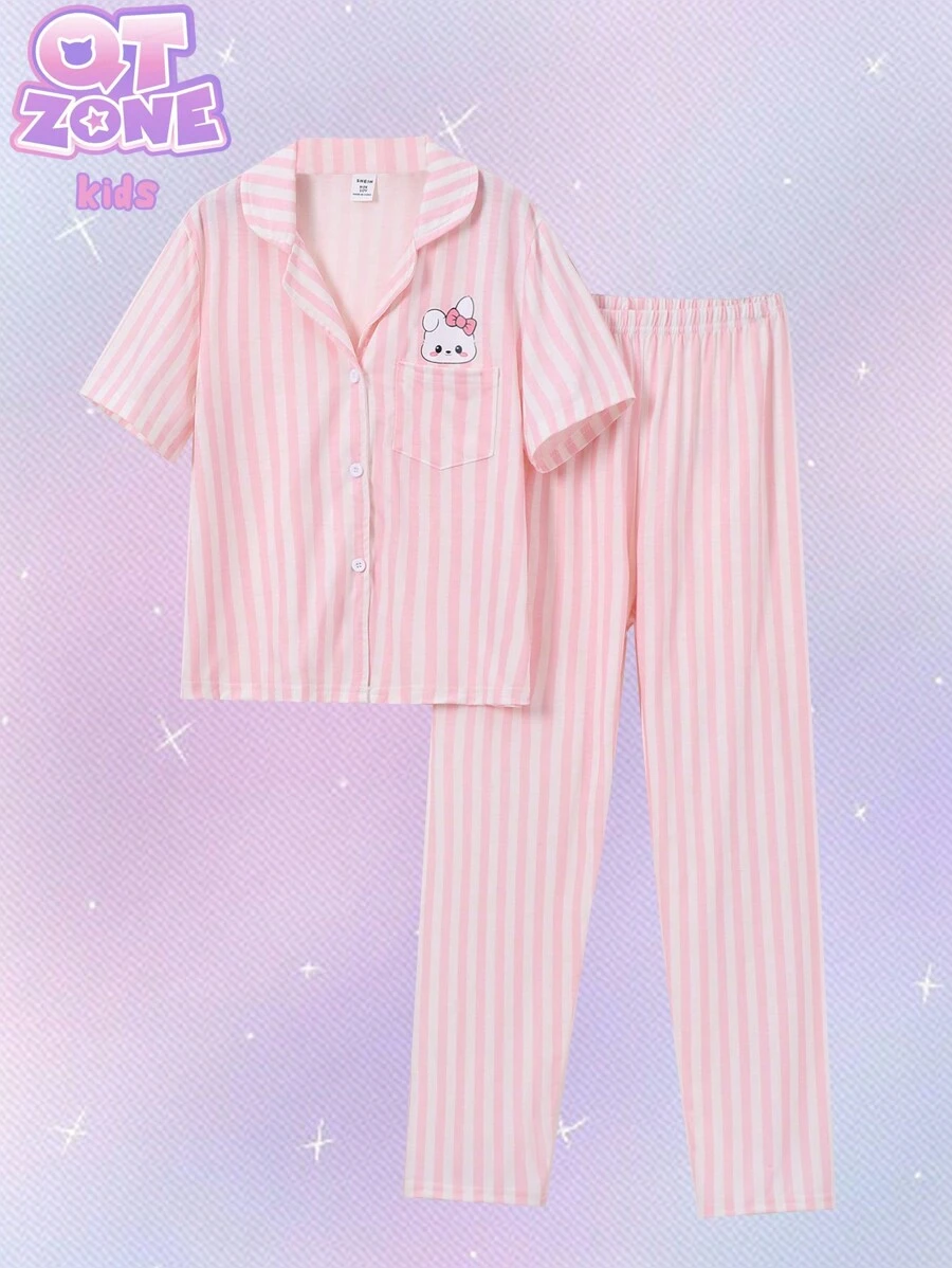 Tween Girl 粉色和白色条纹印花短袖开衫搭配长裤休闲两件套家居服套装 - 粉色 - 查看 1