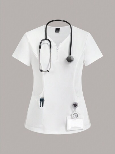 TaskEZ Women Scrub Uniforms Top 4-Pocket Curved Neck Zipper Scrub Uniform Top