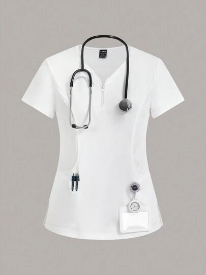 TaskEZ 女士手术服制服上衣 4 口袋弧形领拉链手术服制服上衣