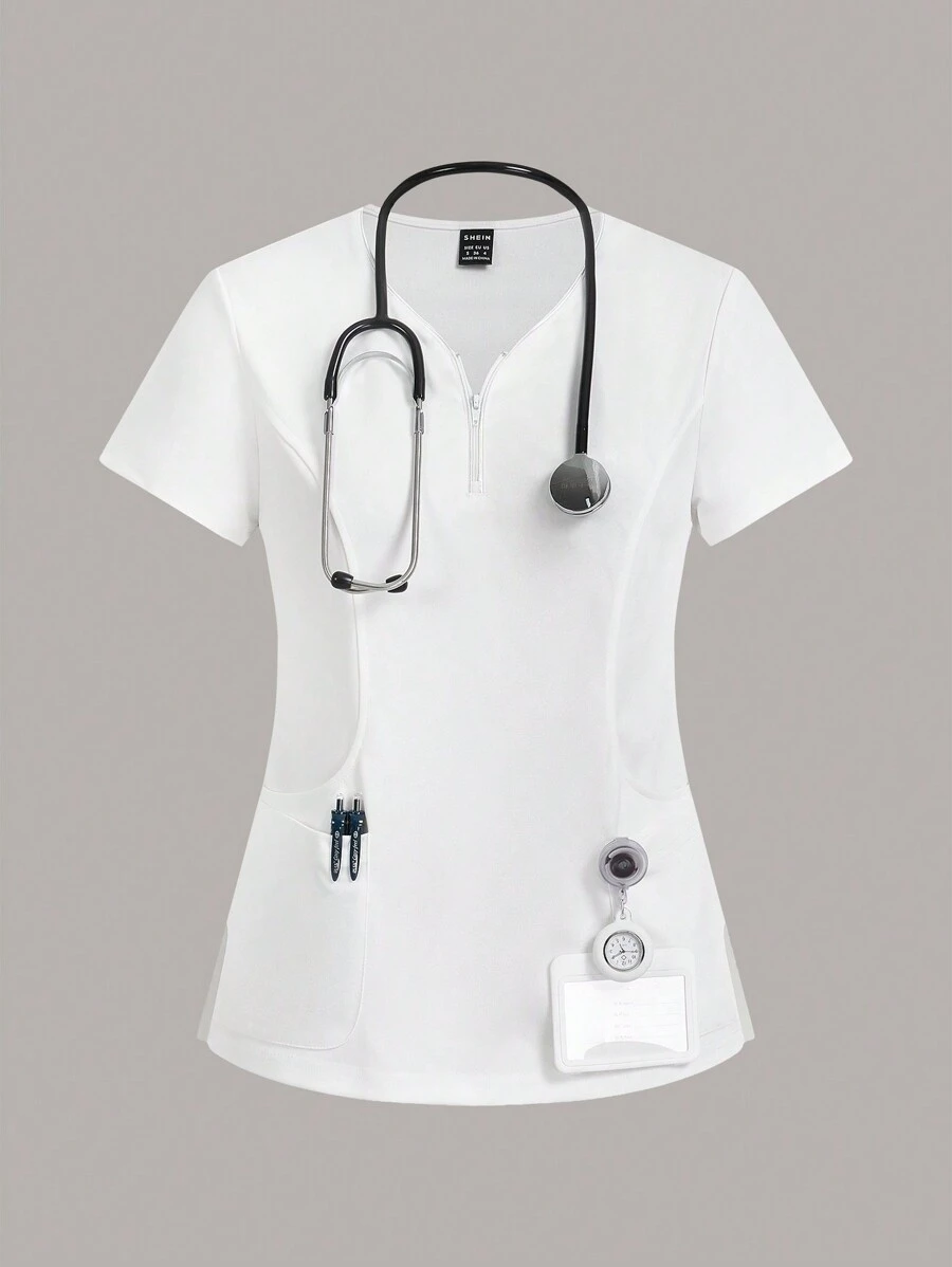 TaskEZ 女士手术服制服上衣 4 口袋弧形领拉链手术服制服上衣