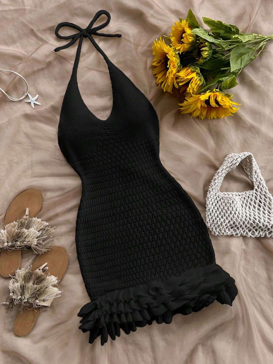 Soleia 度假挂脖露背荷叶边针织连衣裙