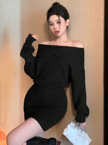 DAZY 女式修身不对称领口设计短款毛衣裙，新年除夕露肩秋冬舞会礼服 - 黑色 - 查看 8