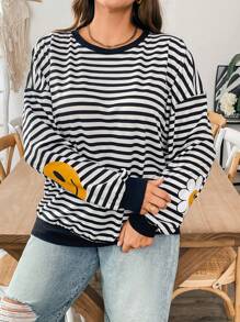 SHEIN Essnce Sudadera de mujer de talla grande con rayas negras y blancas, nueva moda de otoño, casual, deportiva y linda, tops de mujer de otoño de manga larga, sudaderas de otoño