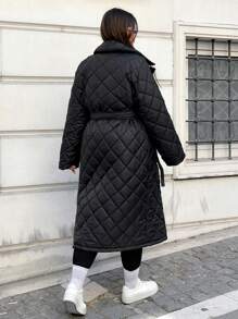 EURMUSE Plus Women's Solid Colour Padded Quilted Coat With Belt, Modern And Warm, For Winter - Black - View 2
