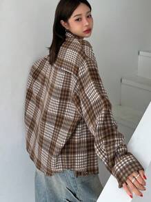 DAZY Women's Spring & Summer Plaid Pocket Loose Long Sleeve Blouse